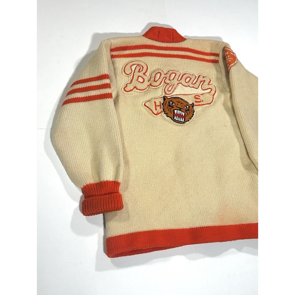 Vintage 1950s Chicago Letterman Cardigan Sweater Women Cream Orange Wool Patches - Picture 12 of 14